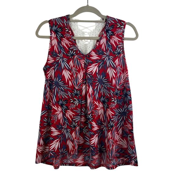 Amana New Red Floral Lace Crochet Back Tank Top Small Textured 4th of July - Picture 1 of 12